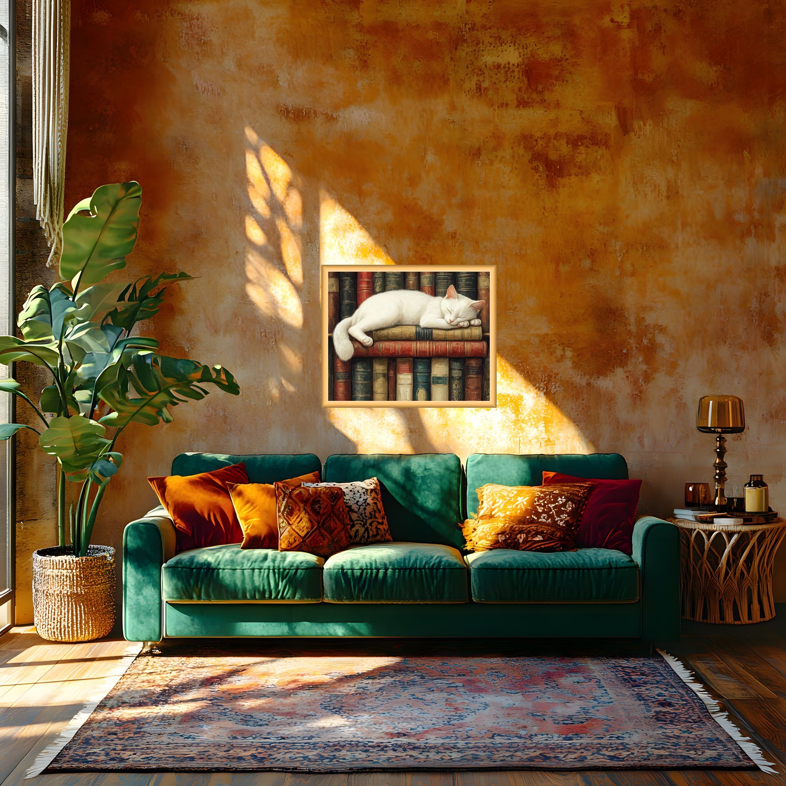 White cat artwork in a Bohemian living room mockup